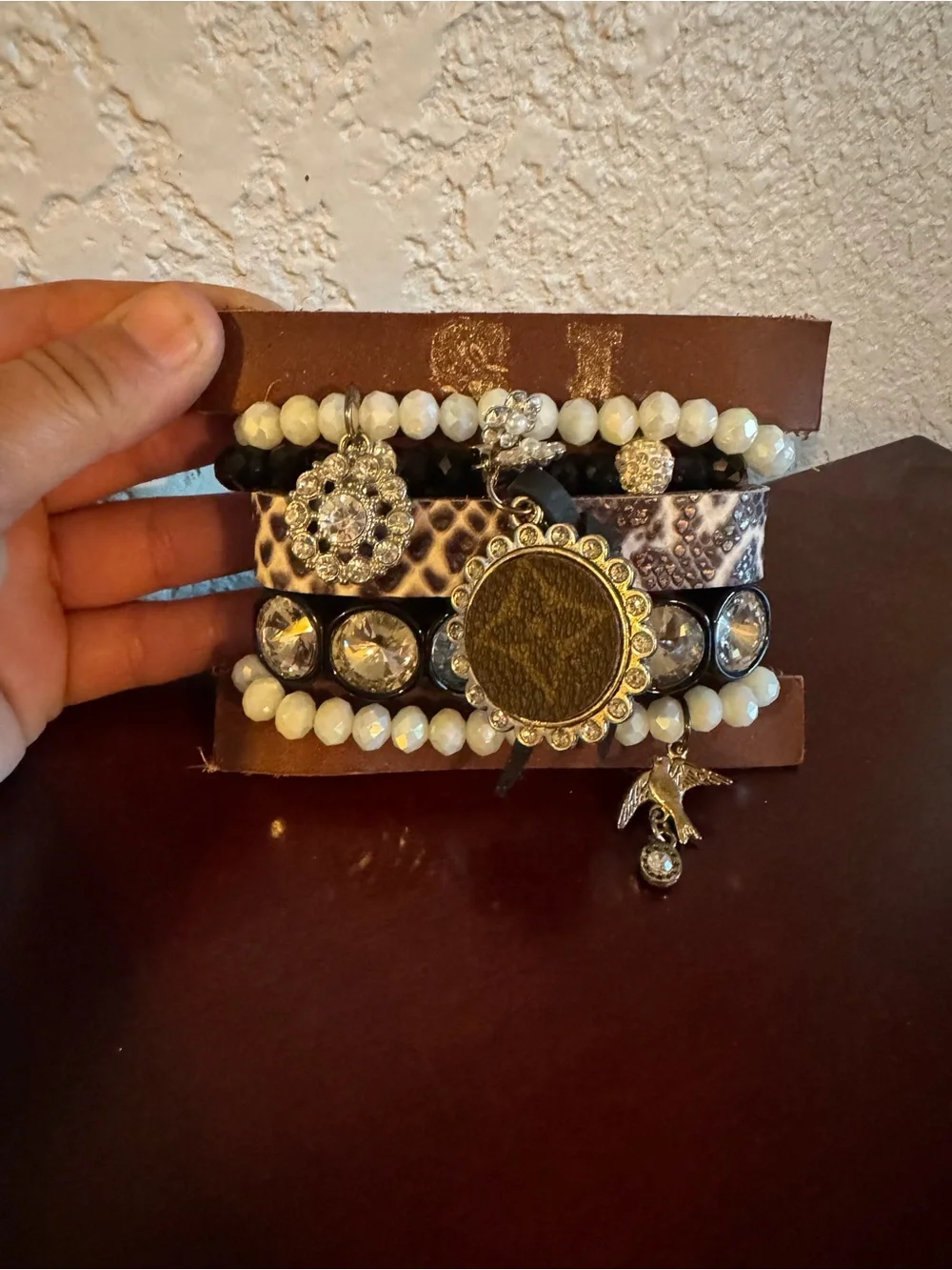 NWT Sandra Ling Upcycled LV Multi-Row White Bead & Leopard Print Charm Bracelet